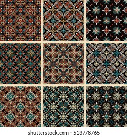 Seamless patterns backgrounds. Colorful flourish vector. Intricate luxury ornament. Dark color illustration. Decorative fabric print, furniture textile, wallpaper, pillow. Interior design elements