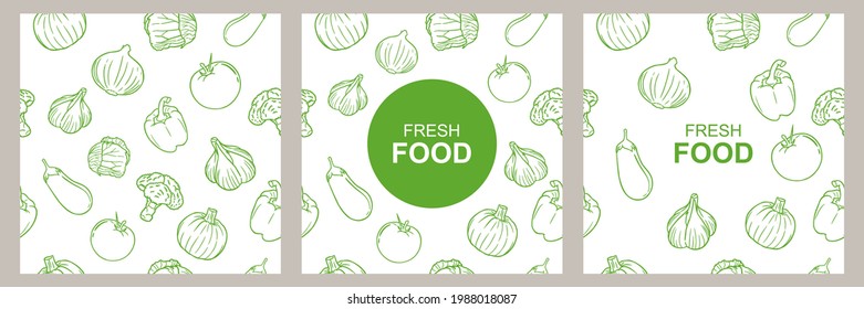 Nahtlose Muster und Hintergründe für organische, gesunde und veganische Lebensmittelverpackungen, Etiketten und Embleme für vegetarische Produkte, Geschäfte und Websites.