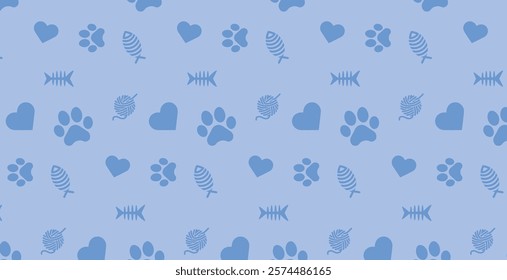Seamless patterns and backgrounds with paw prints, hearts, bones and fish. Abstract vector illustration for pet shop websites and prints, social media posts, animal product design