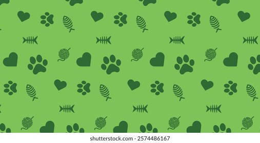 Seamless patterns and backgrounds with paw prints, hearts, bones and fish. Abstract vector illustration for pet shop websites and prints, social media posts, animal product design