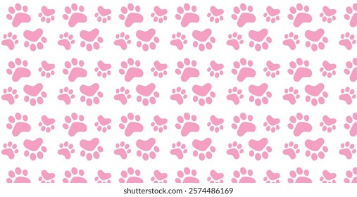 Seamless patterns and backgrounds with paw prints, hearts, bones and fish. Abstract vector illustration for pet shop websites and prints, social media posts, animal product design