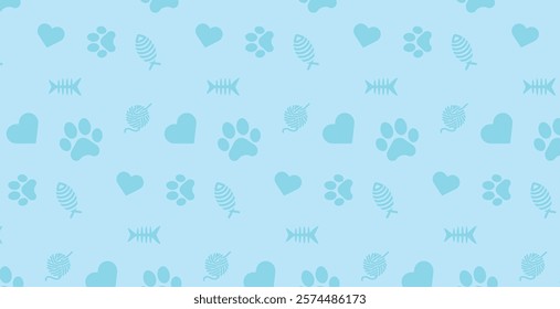 Seamless patterns and backgrounds with paw prints, hearts, bones and fish. Abstract vector illustration for pet shop websites and prints, social media posts, animal product design