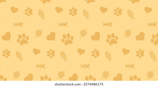 Seamless patterns and backgrounds with paw prints, hearts, bones and fish. Abstract vector illustration for pet shop websites and prints, social media posts, animal product design