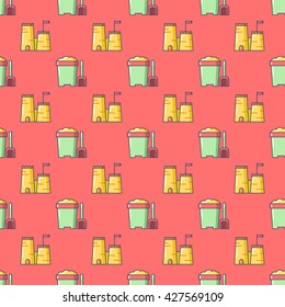 Seamless patterns with beach bucket and sand castle.  Can be used for wallpapers, web page backgrounds. For birthday, anniversary, party invitations, scrapbooking, cards.