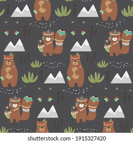 Seamless patterns with bear and beaver. ON a dark background. Vector handmade illustration for printing on T-shirts, bedding, baby clothes and tableware. Cute baby background. Stock vector.