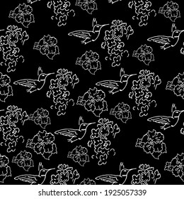Seamless patterns. Beautiful blooming flowers with hummingbirds. The background is textile. Line graphics. 