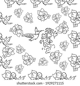 Patrones sin inconvenientes. Hermosas flores florecientes con colibríes. El fondo es textil. Gráficos de línea.