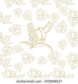Nahtlose Muster. Schöne blühende Blumen mit Kolibris. Der Hintergrund ist Textilien. Zeilengrafiken. 