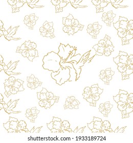 Seamless patterns. Beautiful blooming flowers with hummingbirds. The background is textile. Line graphics. 