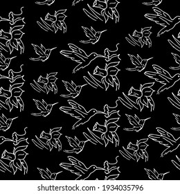 Seamless patterns. Beautiful blooming flowers with hummingbirds. The background is textile. Line graphics. 