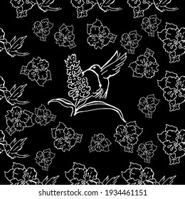 Seamless patterns. Beautiful blooming flowers with hummingbirds. The background is textile. Line graphics. 