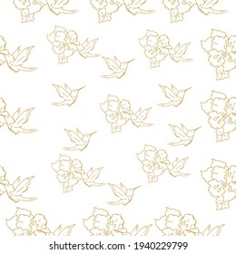 Seamless patterns. Beautiful blooming flowers with hummingbirds. The background is textile. Line graphics. 
