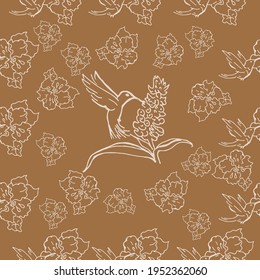 Patrones sin inconvenientes. Hermosas flores florecientes con colibríes. El fondo es textil. Gráficos de línea. 