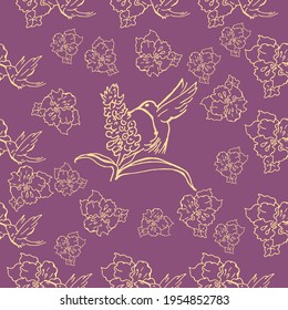 Patrones sin inconvenientes. Hermosas flores florecientes con colibríes. El fondo es textil. Gráficos de línea.