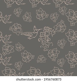 Patrones sin inconvenientes. Hermosas flores florecientes con colibríes. El fondo es textil. Gráficos de línea.