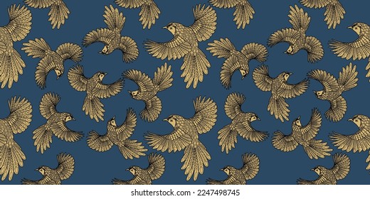 Seamless patterns. Beautiful flying birds. Textile background. Line graphics. 