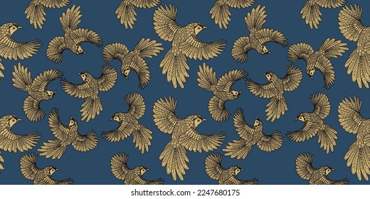 Seamless patterns. Beautiful flying birds. Textile background. Line graphics. 