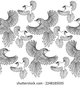 Patrones sin inconvenientes. Hermosos pájaros voladores. Fondo textil. Gráficos de línea. 