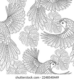 Seamless patterns. Beautiful flying birds. Textile background. Line graphics. 