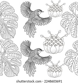 Seamless patterns. Beautiful flying birds. Textile background. Line graphics. 