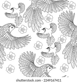 Patrones sin inconvenientes. Hermosos pájaros voladores. Fondo textil. Gráficos de línea. 
