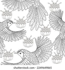 Seamless patterns. Beautiful flying birds. Textile background. Line graphics. 
