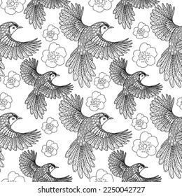 Seamless patterns. Beautiful flying birds. Textile background. Line graphics. 
