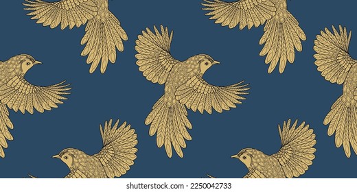 Seamless patterns. Beautiful flying birds. Textile background. Line graphics. 
