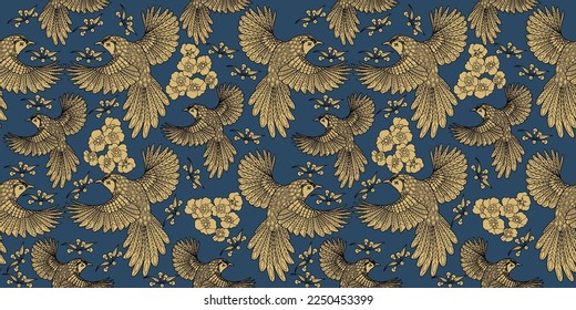 Seamless patterns. Beautiful flying birds. Textile background. Line graphics. 
