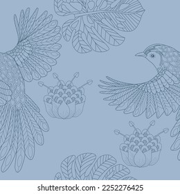 Seamless patterns. Beautiful flying birds. Textile background. Line graphics.