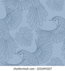 Seamless patterns. Beautiful flying birds. Textile background. Line graphics.