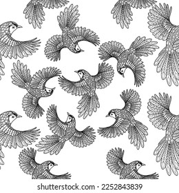Seamless patterns. Beautiful flying birds. Textile background. Line graphics.