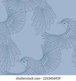 Seamless patterns. Beautiful flying birds. Textile background. Line graphics.
