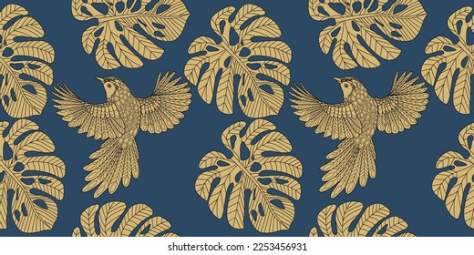 Patrones sin inconvenientes. Hermosos pájaros voladores. Fondo textil. Gráficos de línea.