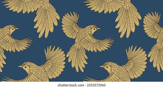 Seamless patterns. Beautiful flying birds. Textile background. Line graphics.