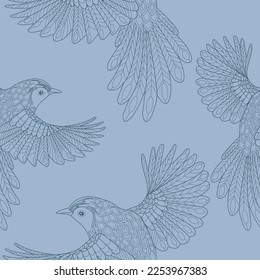 Seamless patterns. Beautiful flying birds. Textile background. Line graphics.