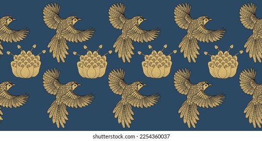 Seamless patterns. Beautiful flying birds. Textile background. Line graphics.