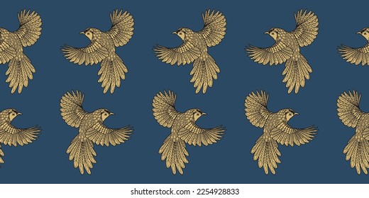 Seamless patterns. Beautiful flying birds. Textile background. Line graphics.