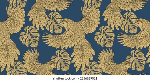 Seamless patterns. Beautiful flying birds. Textile background. Line graphics.