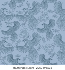 Patrones sin inconvenientes. Hermosos pájaros voladores. Fondo textil. Gráficos de línea.