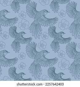 Seamless patterns. Beautiful flying birds. Textile background. Line graphics.