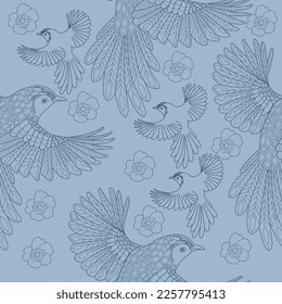 Seamless patterns. Beautiful flying birds. Textile background. Line graphics.