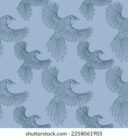 Seamless patterns. Beautiful flying birds. Textile background. Line graphics.