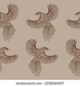 Seamless patterns. Beautiful flying birds. Textile background. Line graphics. 