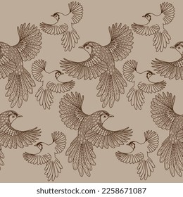 Seamless patterns. Beautiful flying birds. Textile background. Line graphics. 