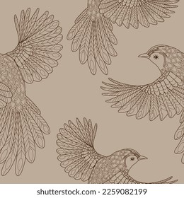 Seamless patterns. Beautiful flying birds. Textile background. Line graphics. 