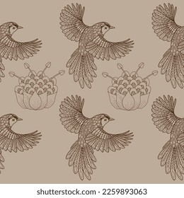 Seamless patterns. Beautiful flying birds. Textile background. Line graphics. 
