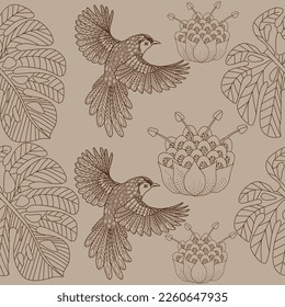 Seamless patterns. Beautiful flying birds. Textile background. Line graphics. 
