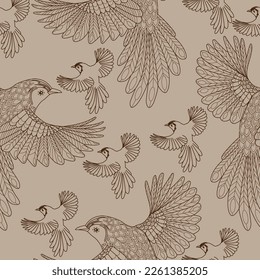 Seamless patterns. Beautiful flying birds. Textile background. Line graphics. 