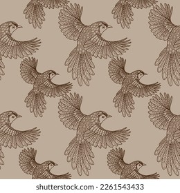 Seamless patterns. Beautiful flying birds. Textile background. Line graphics. 